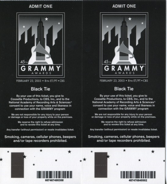 45th Grammy Tickets Back